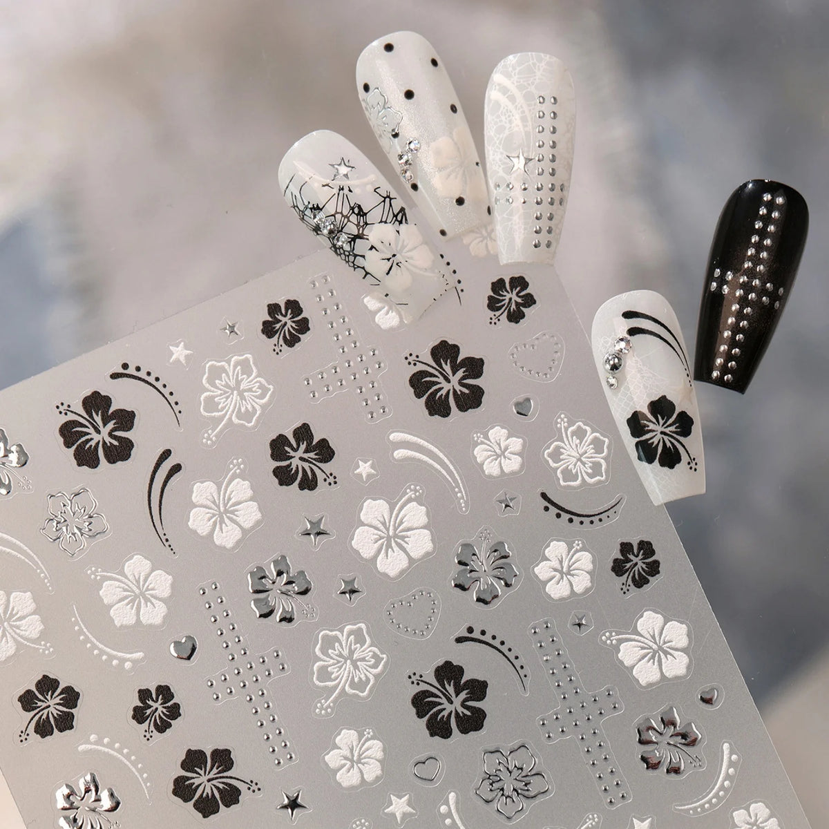 5D Floral Lace Nail Art Stickers | Hibiscus Crystal Decals Nail Art Stickers QXL
