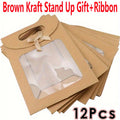 12-Pack Kraft Stand-Up Gift Bags with Window & Ribbon Gift Bags QXL High-quality 12pcs 16x12cm