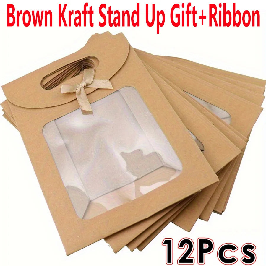 12-Pack Kraft Stand-Up Gift Bags with Window & Ribbon Gift Bags QXL High-quality 12pcs 16x12cm