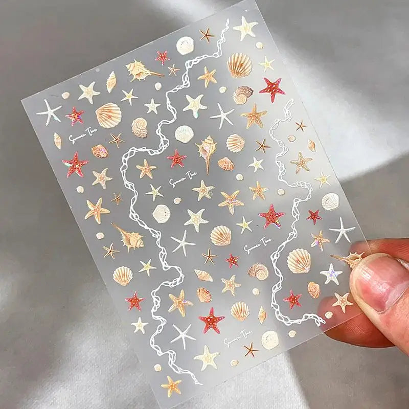 5D Summer Seashell Nail Stickers | Embossed Starfish Decals Nail Art Stickers QXL B