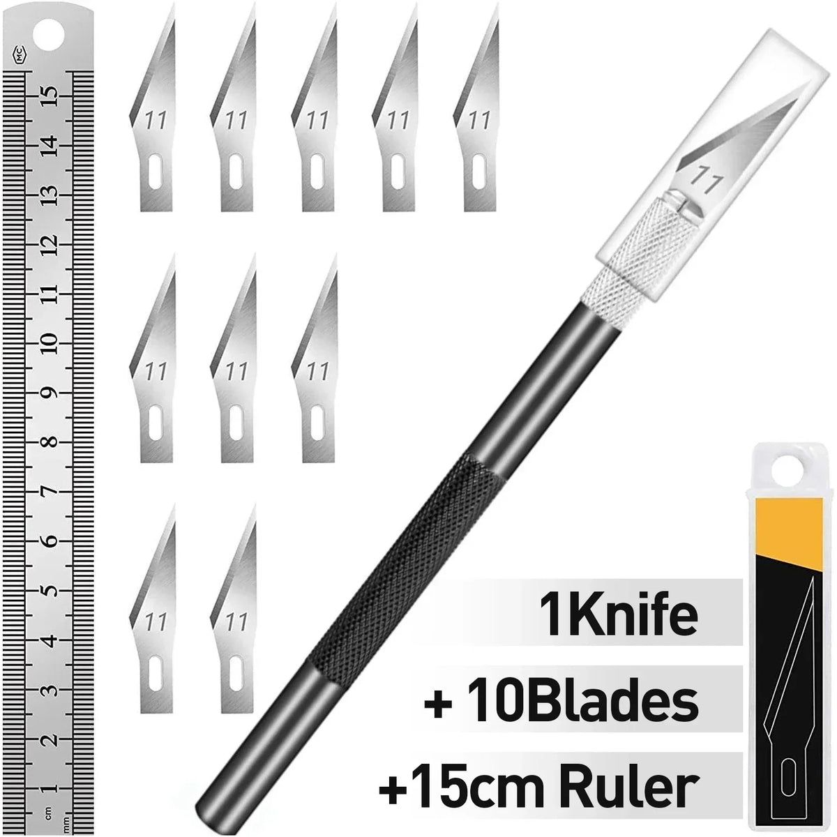 Premium Craft Knife Set | 10 Extra Steel Blades & 15cm Ruler Craft Knife Set QXL M331 black