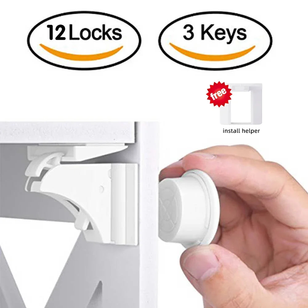 Magnetic Child Safety Cabinet Locks 12+3 Pack | Baby Drawer Latch Baby Cabinet Lock QXL