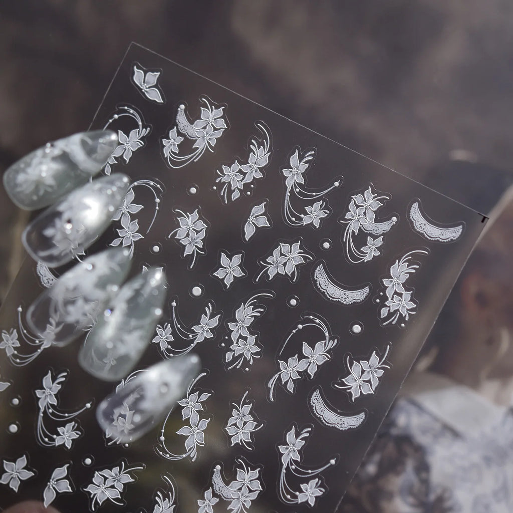 5D White Orchid Nail Stickers | Floral Lace Moon Nail Decals Nail Art Stickers QXL