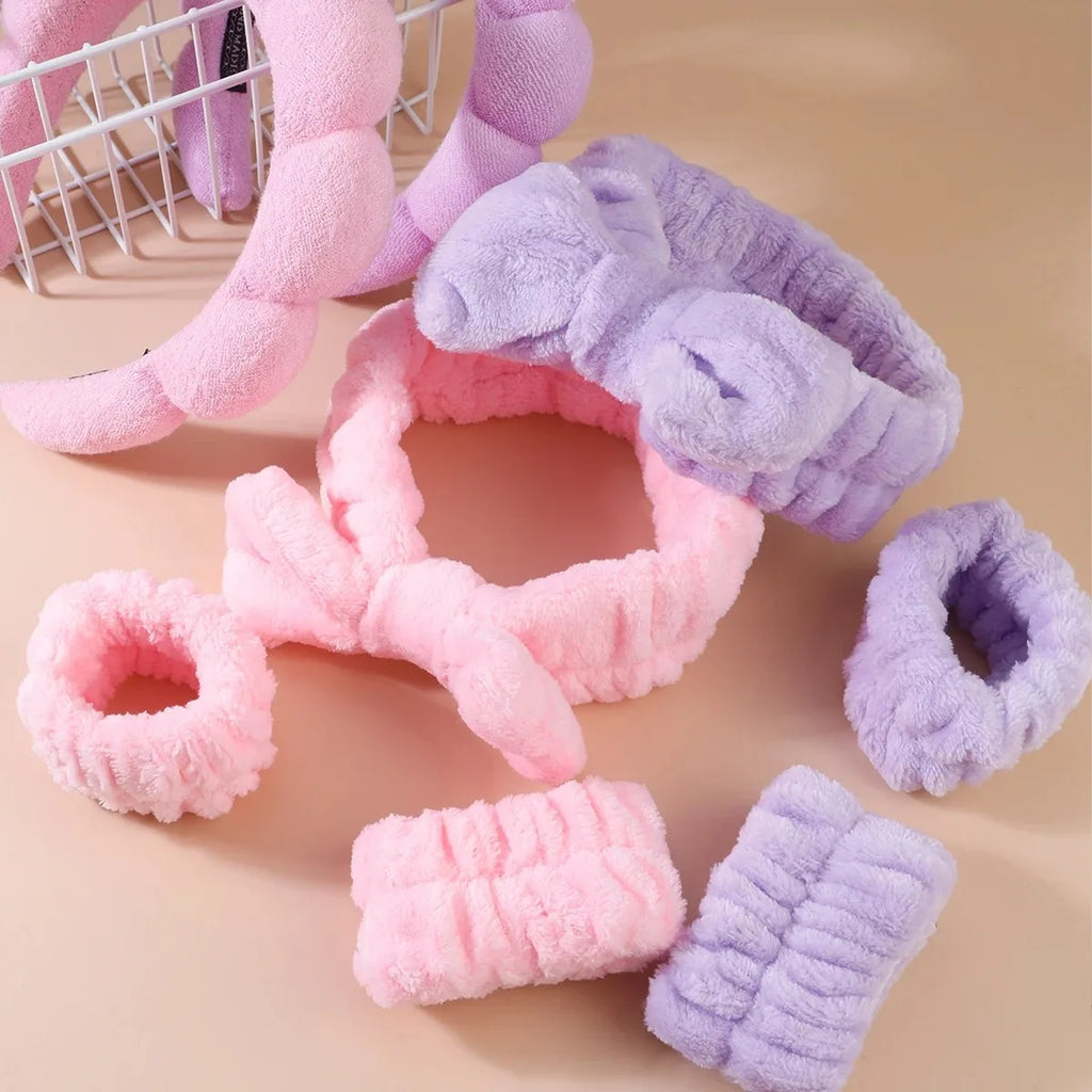 4-Piece Spa Headband & Wristband Set | Soft Plush Face Wash Spa Headband Set QXL