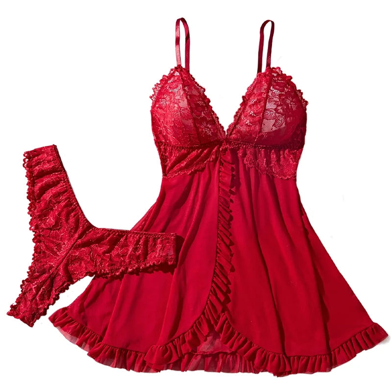 Women's Lace Lingerie Set | Strap Nightgown & Thong S–3XL Lace Lingerie Set QXL