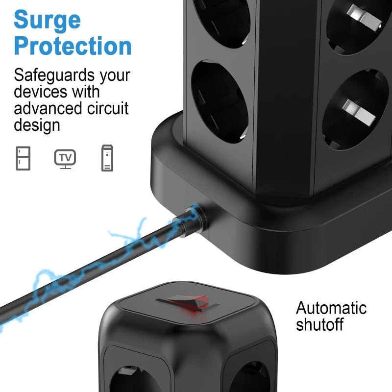 EU Tower Power Strip | 8 Outlets, 3 USB & Type-C | Surge Guard Tower Power Strip QXL