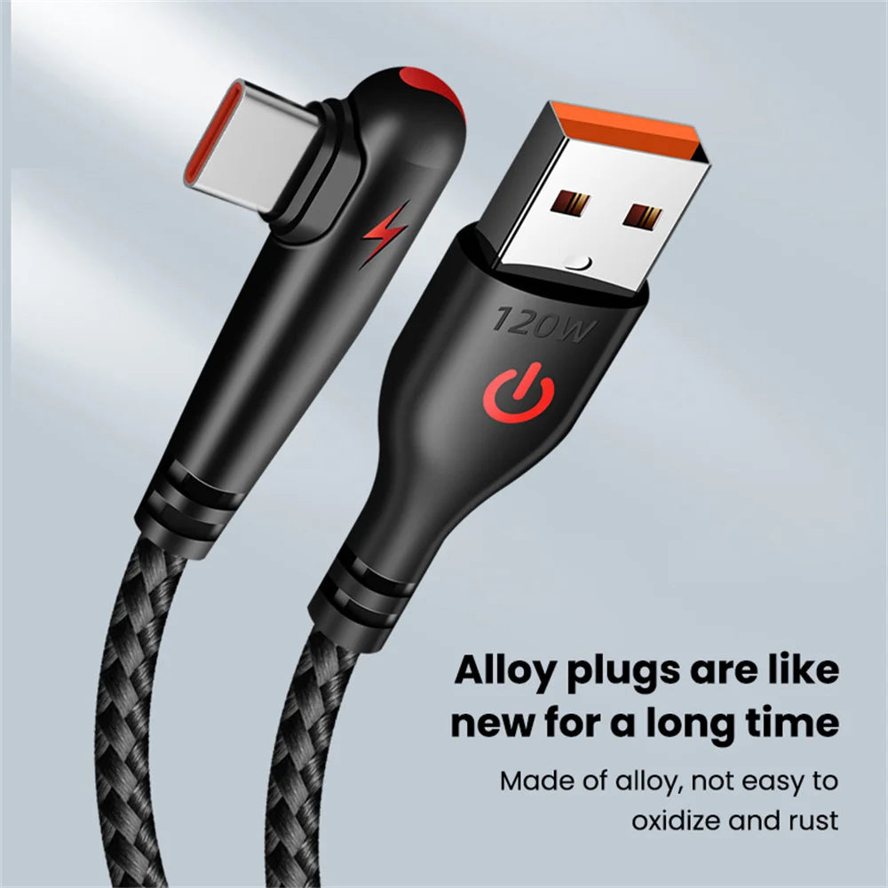 90° Elbow 120W USB-C Fast Charging Cable | 6A Braided Cord USB-C Charging Cable QXL