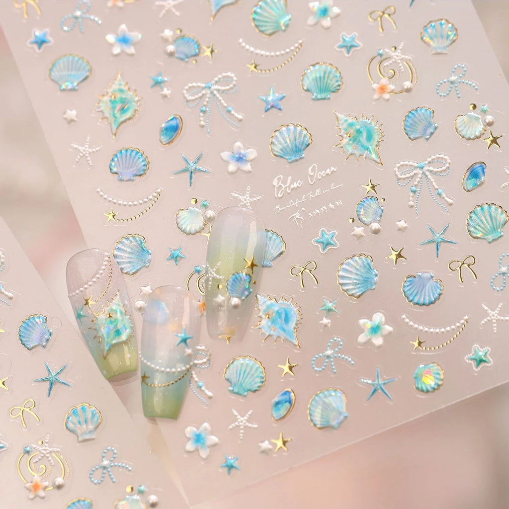 Blue Seashell 5D Nail Stickers | Ocean Starfish Pearl Decals Nail Stickers QXL