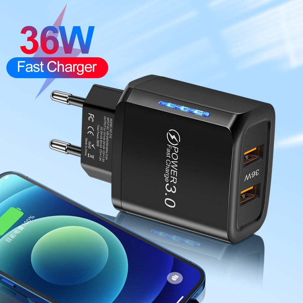 36W Dual USB Fast Wall Charger | Universal Travel Adapter USB Wall Charger QXL