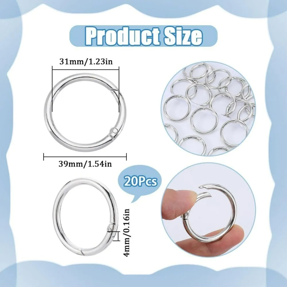 20-Pack 40mm Silver Carabiner Spring O-Ring Clips | Metal Alloy Carabiner Snap Rings QXL