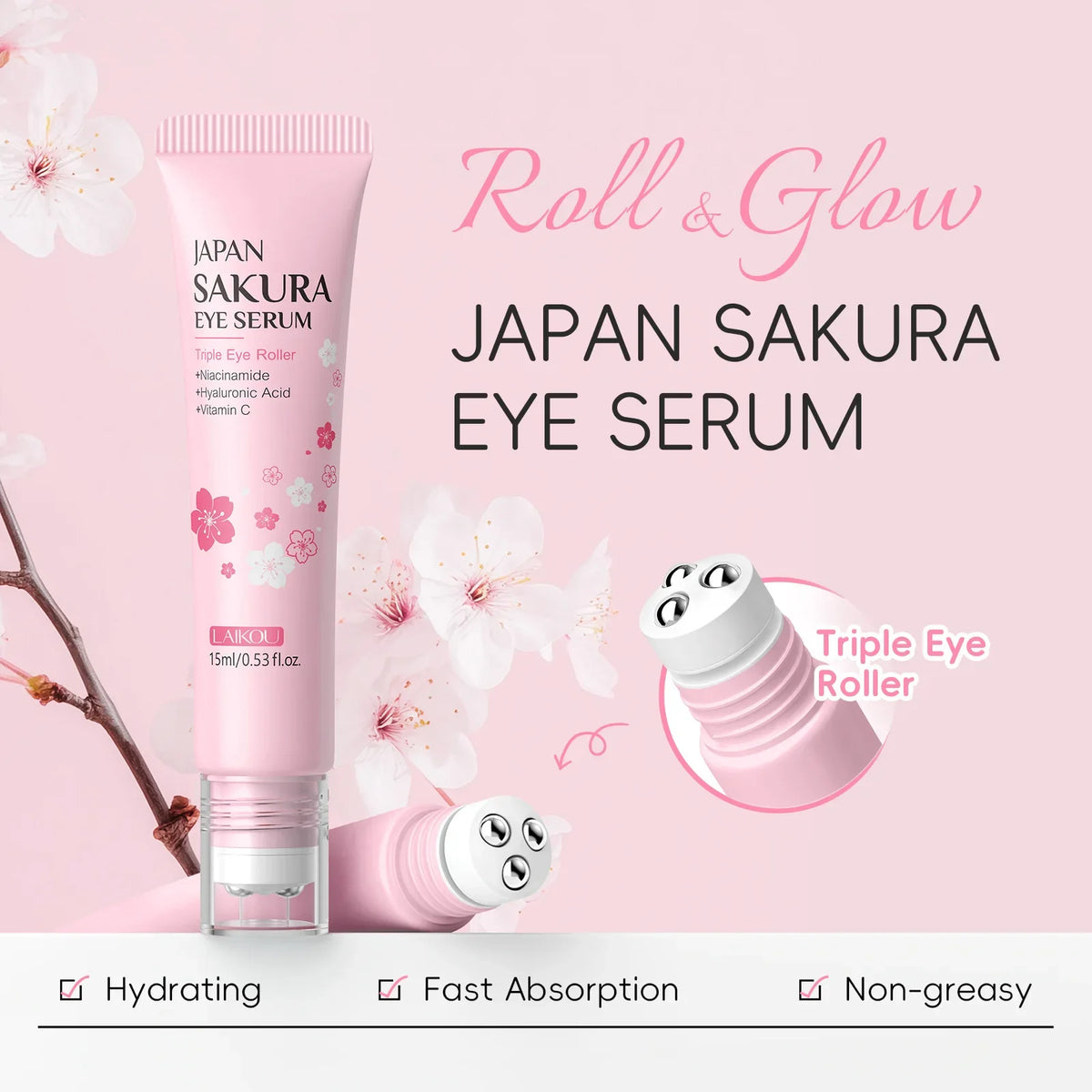 LAIKOU Sakura Eye Serum Roller | Brighten & Hydrate 15ml Eye Serum Roller QXL