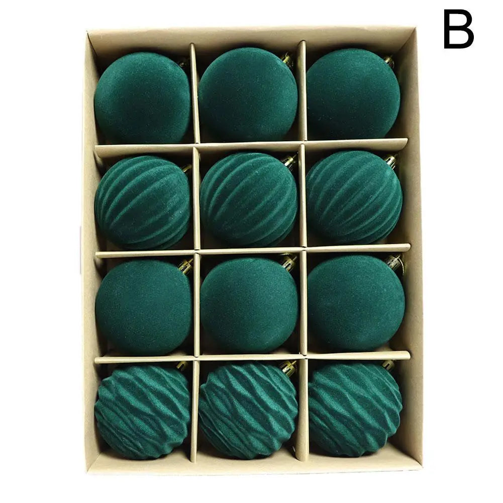 12-Pack Flocked Velvet Christmas Ball Ornaments 6cm Red & Green Christmas Tree Ornaments QXL Green