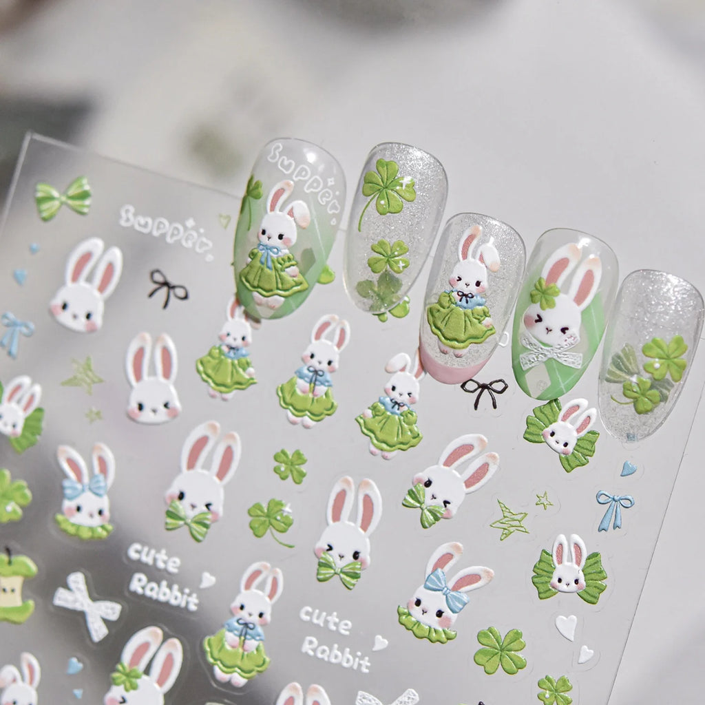 5D Embossed Rabbit Nail Art Stickers | Garden Clover Bow Decals Nail Art Stickers QXL