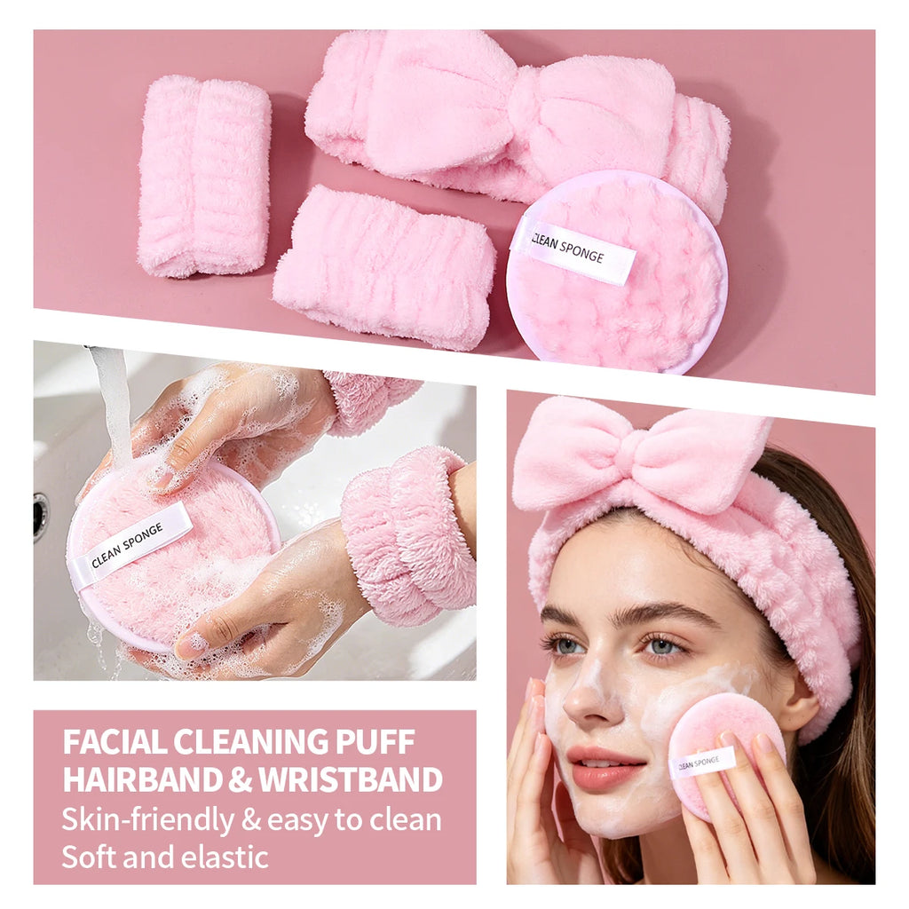 20-Pc Pink Makeup Sponge & Skincare Set | Puffs + Headband Makeup Sponge Set QXL