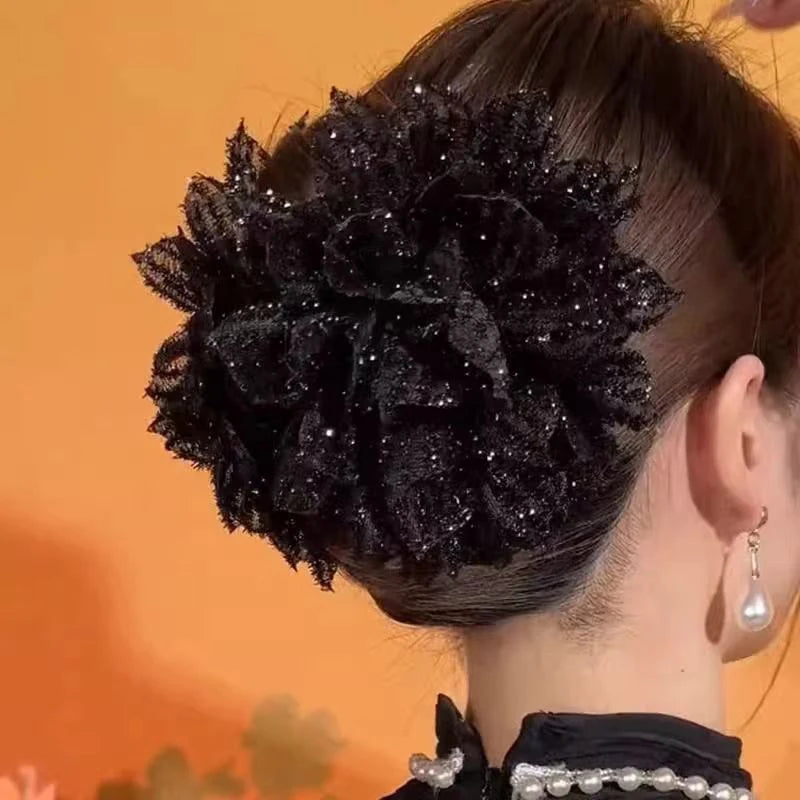 Black Mesh Flower Shark Claw Clip | Floral Hair Claw Women Shark Claw Hair Clip QXL