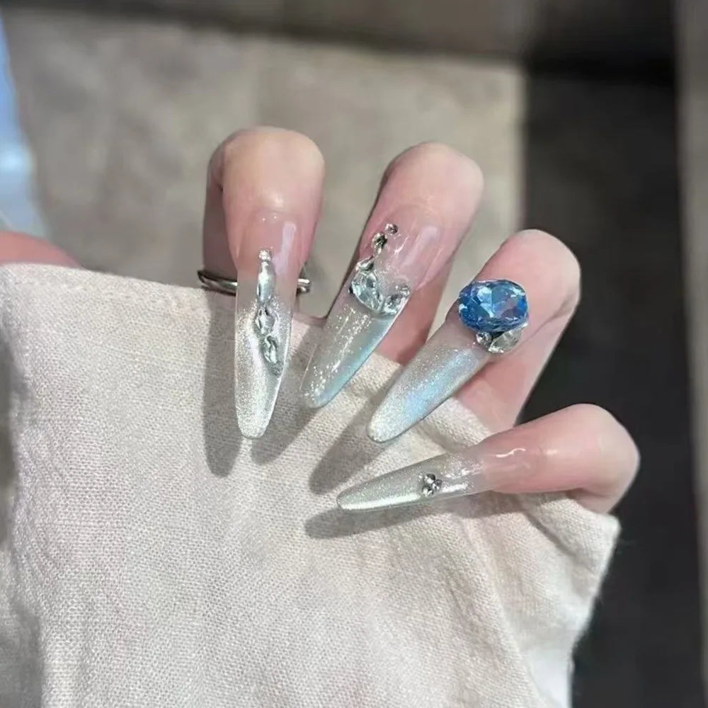 30-Pc Almond Stiletto Press-On Nails | Cat Eye Rhinestone Press-On Nail Tips QXL MY183