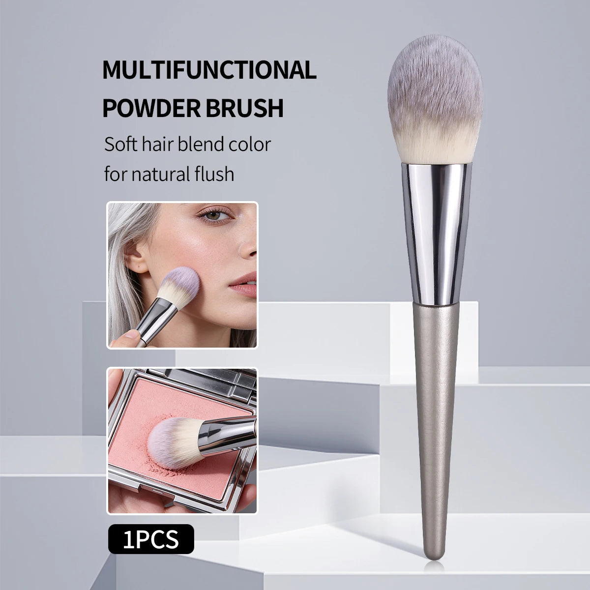KOSSHOW Tongue-Shaped Blush Powder Brush – Silver Handle Blush Makeup Brush QXL Silver