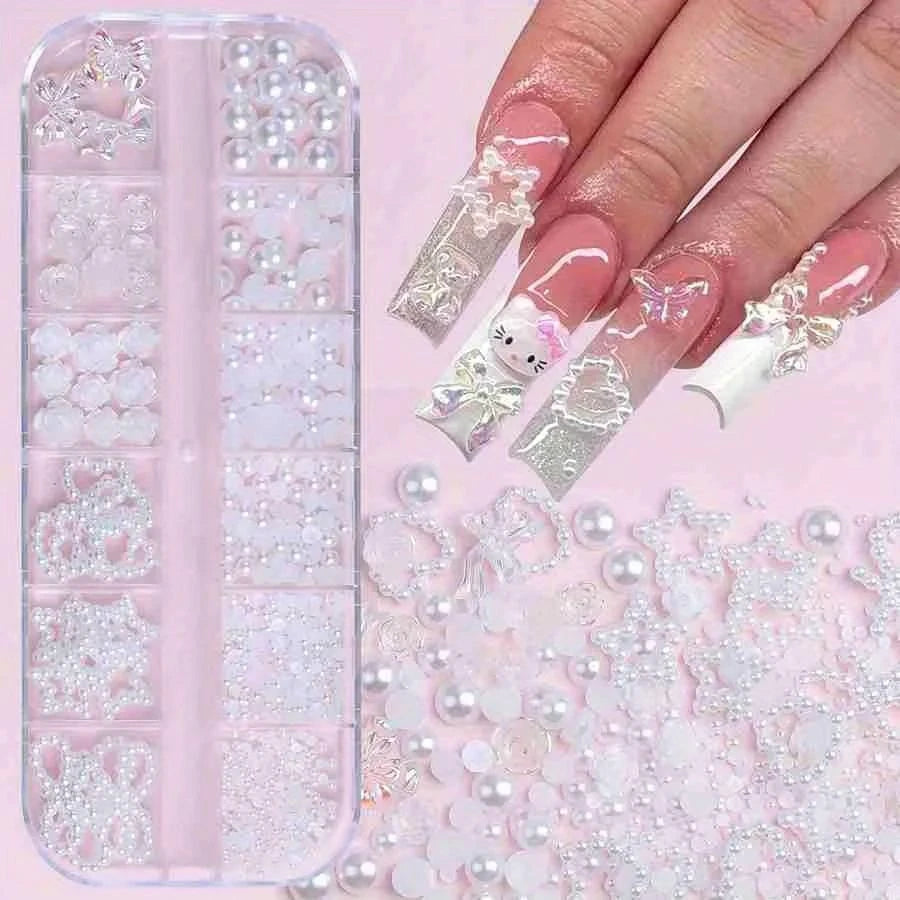 12-Grid Kawaii Nail Art Charms | Pearls, Bows, Hearts & Stars Nail Art Charms QXL style1