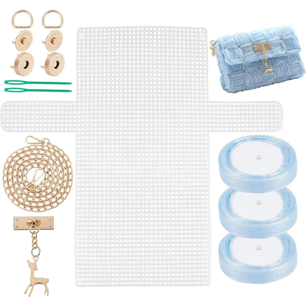 DIY Crochet Bag Kit – Mesh Canvas, Ribbon & Knitting Needles DIY Bag Craft Kit QXL