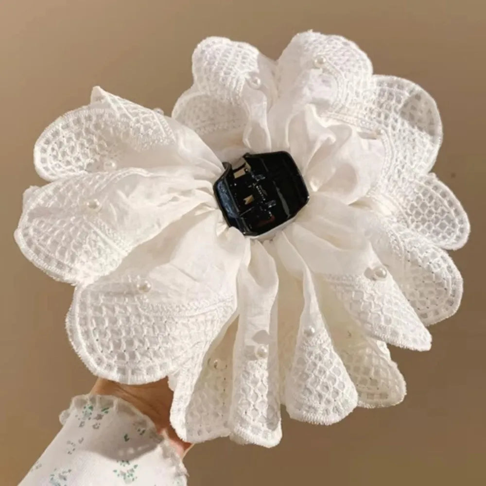 White Flower Lace Ponytail Shark Clip | Women's Hair Accessory Hair Shark Clip QXL