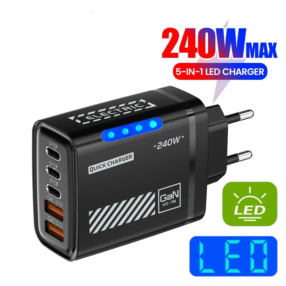 5-Port GaN USB-C 240W PD Fast Charger | Desktop Adapter GaN USB-C Charger QXL