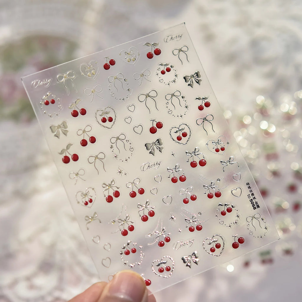 5D Strawberry Bow Metal Nail Art Stickers | Japanese Decals Nail Art Stickers QXL