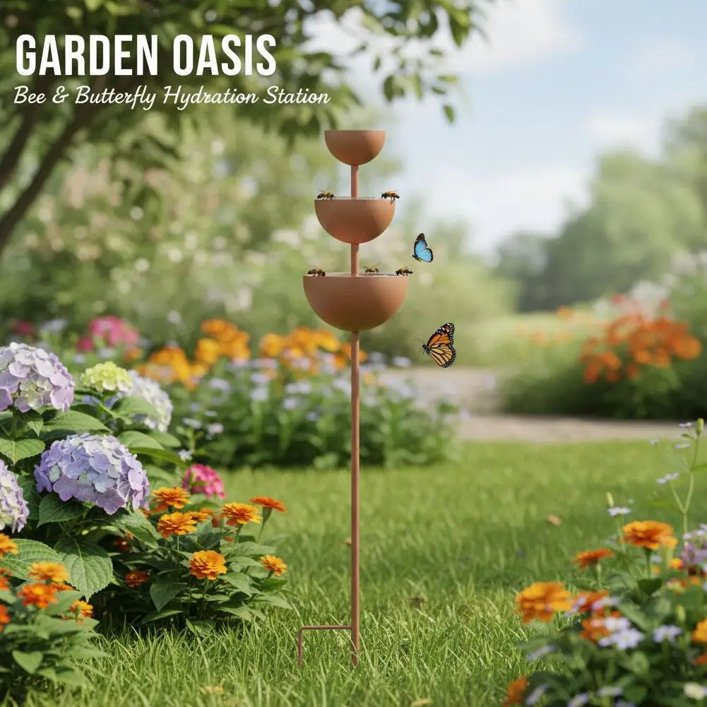 3-Tier Iron Bird Feeder & Bath Garden Stake | Rustic Ornament Bird Feeder Stake QXL