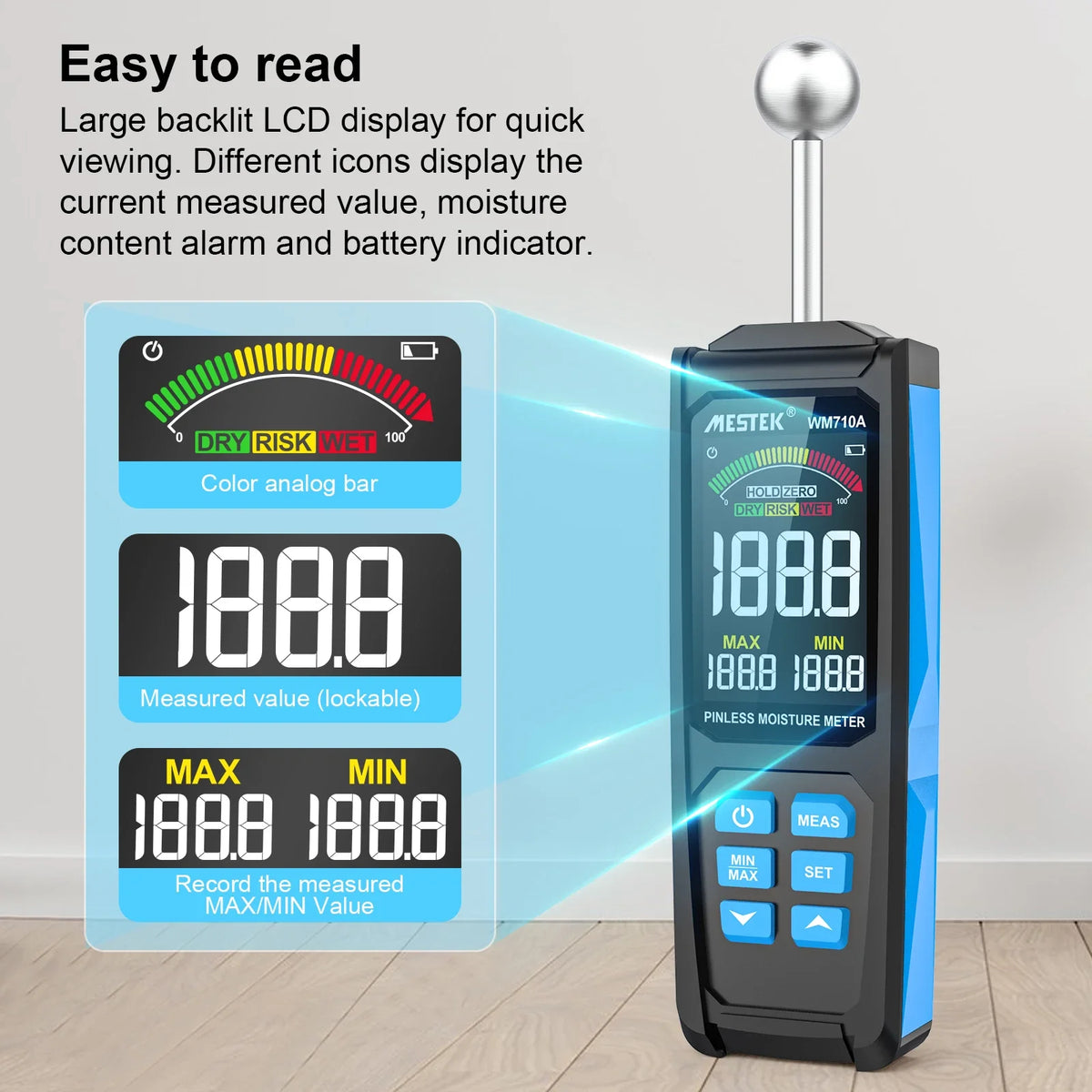 Pinless Wood Moisture Meter | Spherical Probe Damp Detector Moisture Meter QXL