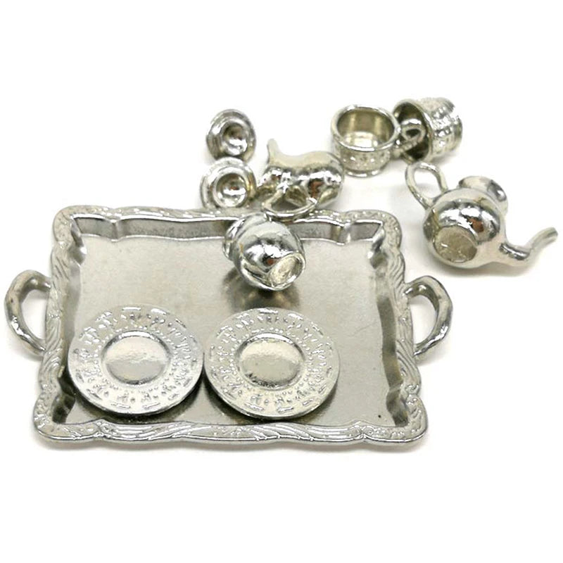 10-Pc 1:12 Dollhouse Miniature Metal Tea Cup & Plate Set Dollhouse Miniature Set QXL