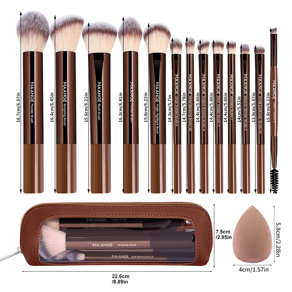 MAANGE 15-Pc Makeup Brush Set with Sponge Puff & Bag Makeup Brush Set QXL