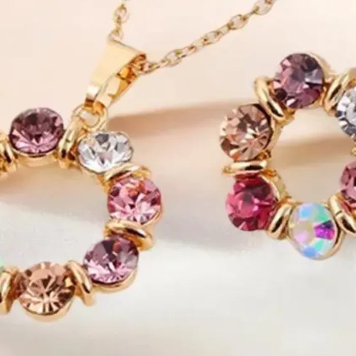 3-Piece Gold Circle Crystal Necklace & Earrings Set | Women Jewelry Set QXL
