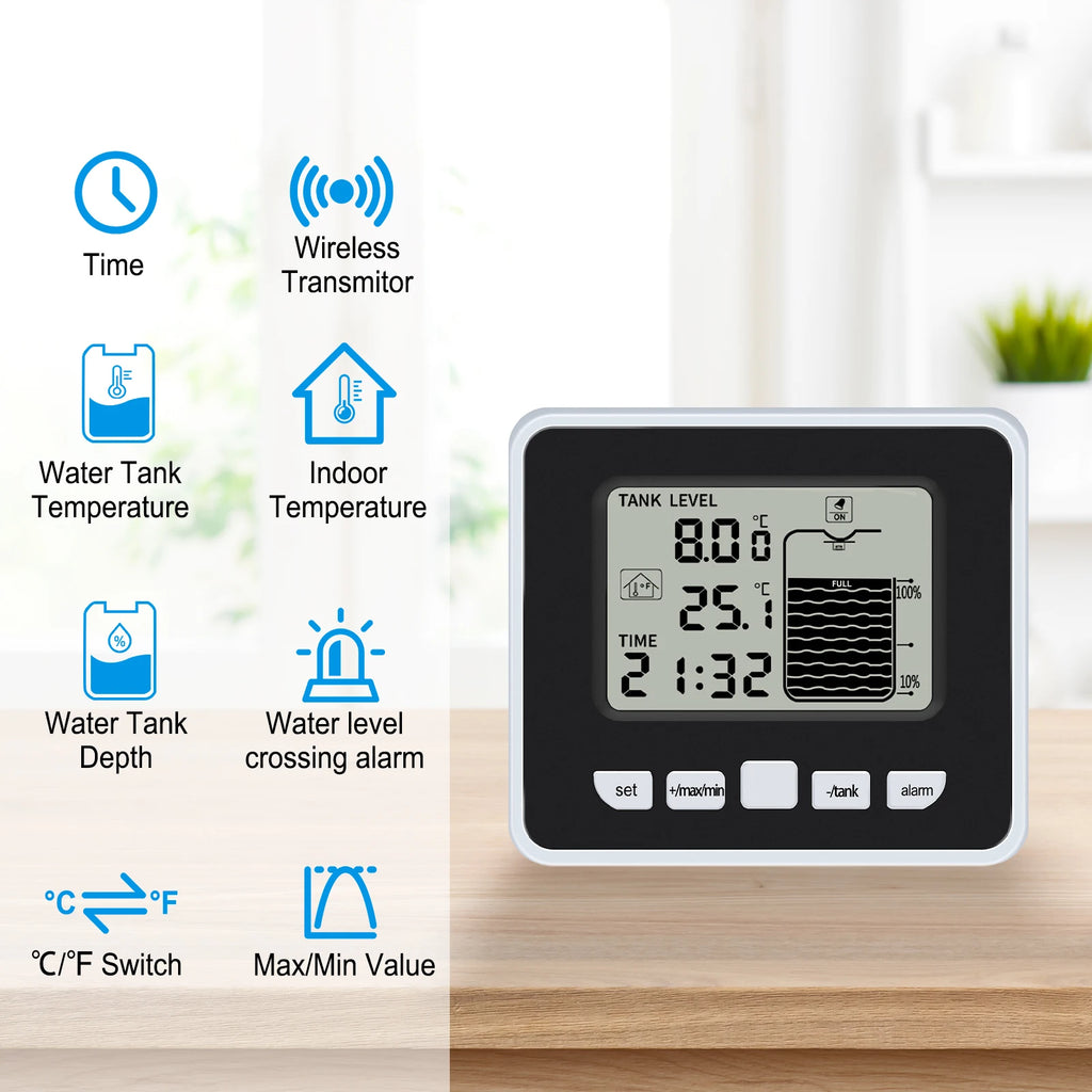 Ultrasonic Wireless Water Tank Level Gauge | LCD Temp Alarm Liquid Level Gauge QXL