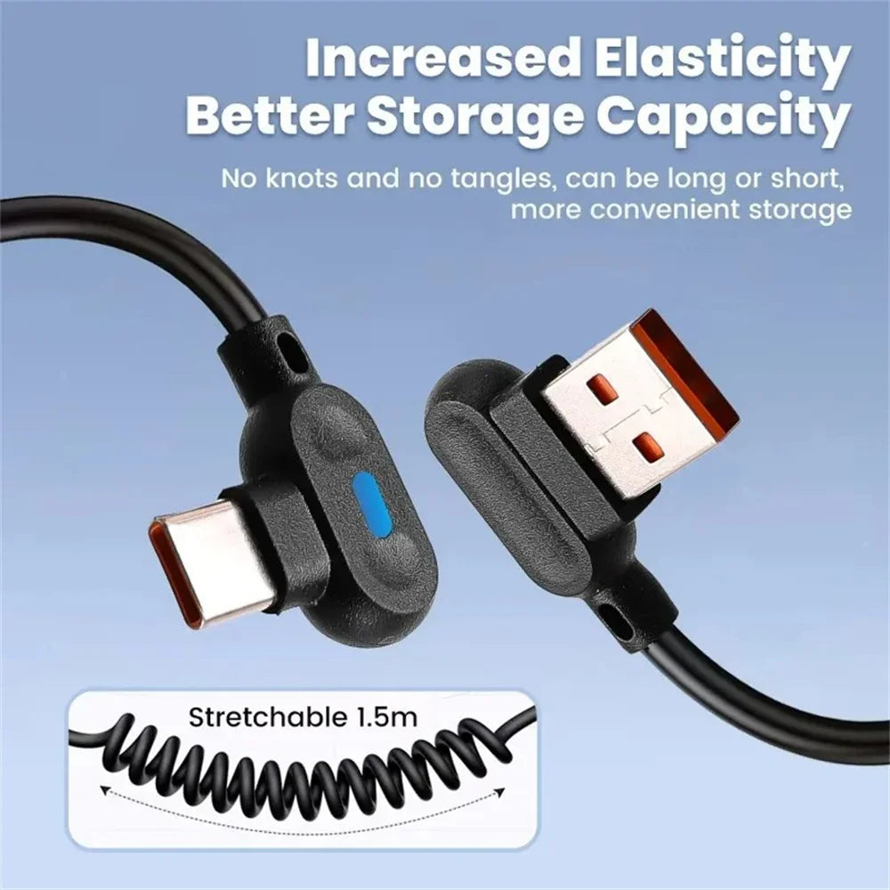 6A USB-C 90° Elbow Fast Charging Cable | Retractable Spring USB-C Charging Cable QXL