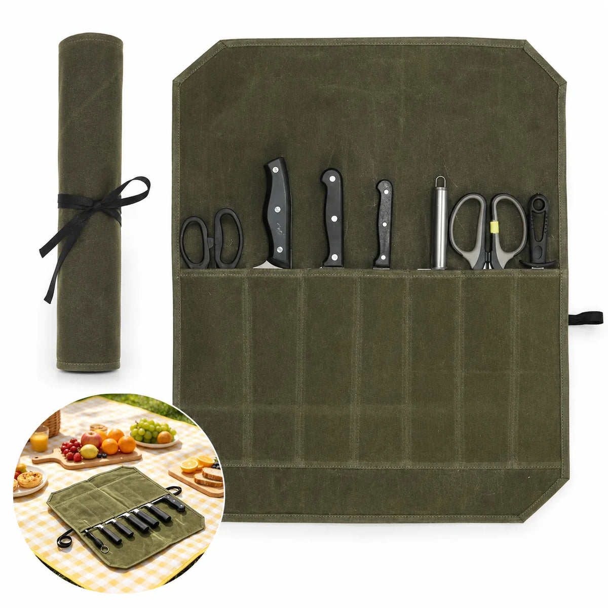 7-Slot Wax Canvas Knife Roll Bag | Chef & Camping Organizer Knife Roll Bag QXL Khaki