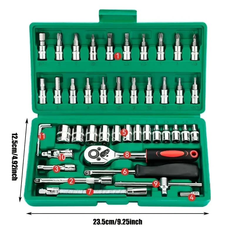 46-Pc 1/4" Ratchet Socket Set | Metric Hex Bit Tool Kit Ratchet Socket Set QXL
