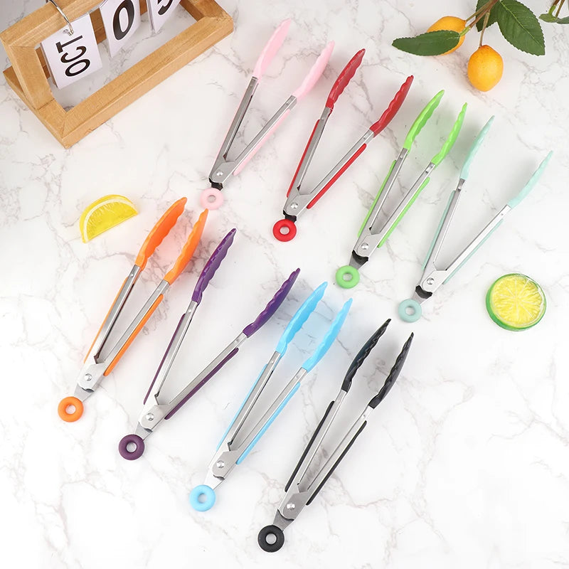 7-Inch Stainless Steel BBQ Food Tongs | Non-Slip Kitchen Clip Kitchen Food Tongs QXL
