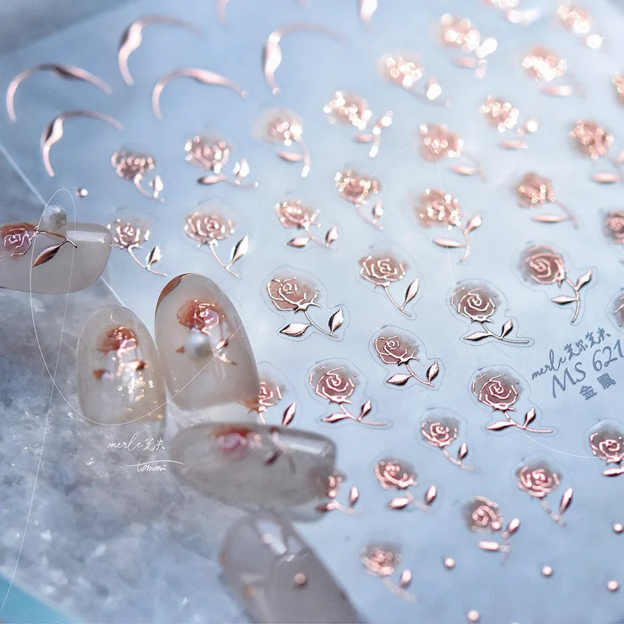 5D Bronzing Rose Nail Art Stickers | Hollow Flower Decals Nail Art Stickers QXL
