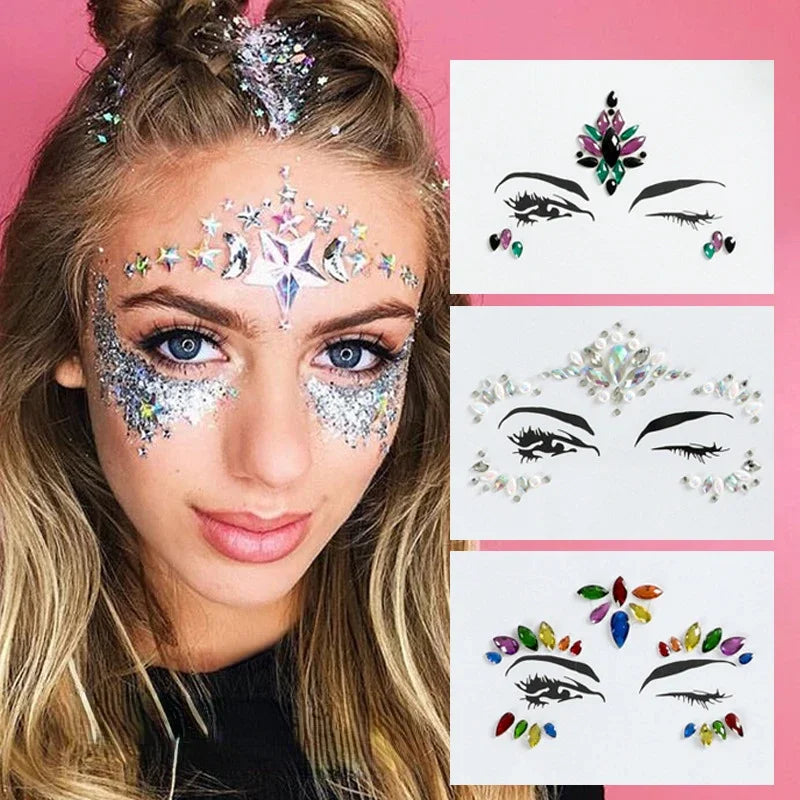 3D Crystal Face Gems Glitter Body Art Stickers | Festival Face Gem Stickers QXL