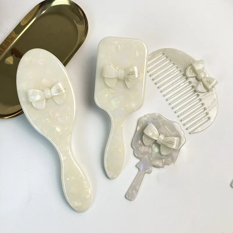 Elegant Acetate Hair Comb & Compact Mirror | Bow Detail Acetate Hair Comb QXL