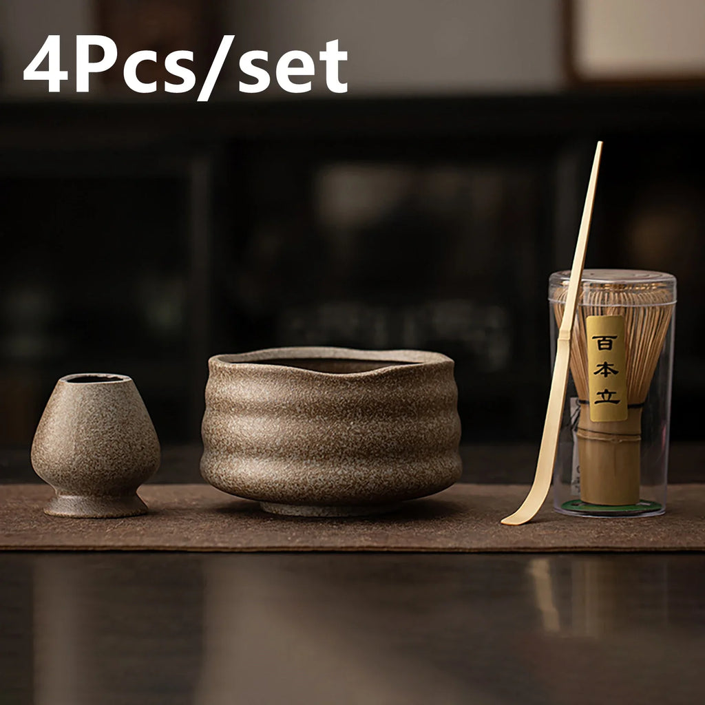 4-Piece Matcha Whisk Set – Ceramic Bowl, Bamboo Brush & Stand Matcha Tea Set QXL B Four-piece Set