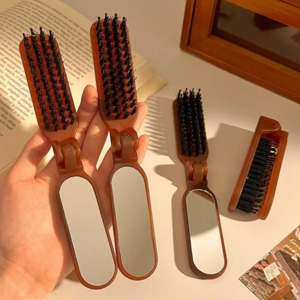 Folding Hair Comb with Mirror | Boar Bristle Anti-Static Folding Hair Comb QXL