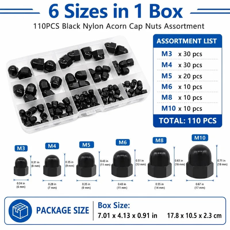 110-Pc Nylon Acorn Cap Nuts M3–M10 PA66 Black Kit + Storage Box Acorn Cap Nut Kit QXL