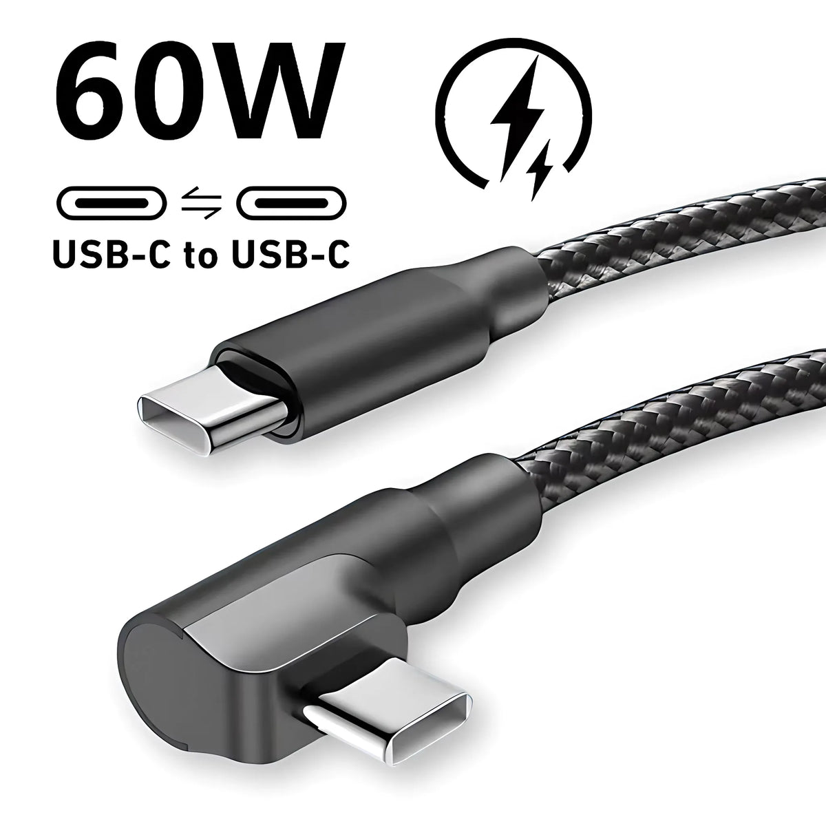 90° Elbow 60W USB-C to USB-C Fast Charge Nylon Cable USB-C Charging Cable QXL