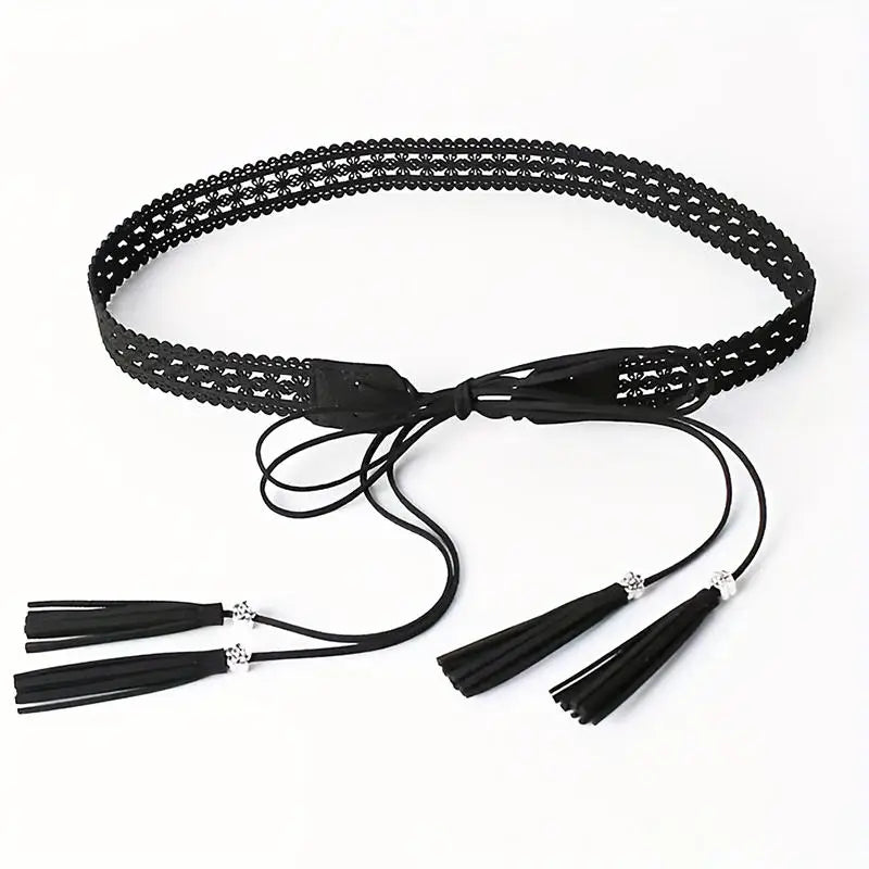Bohemian Lace Tassel Waist Belt for Women | Faux Suede Tie Tassel Waist Belt QXL Black