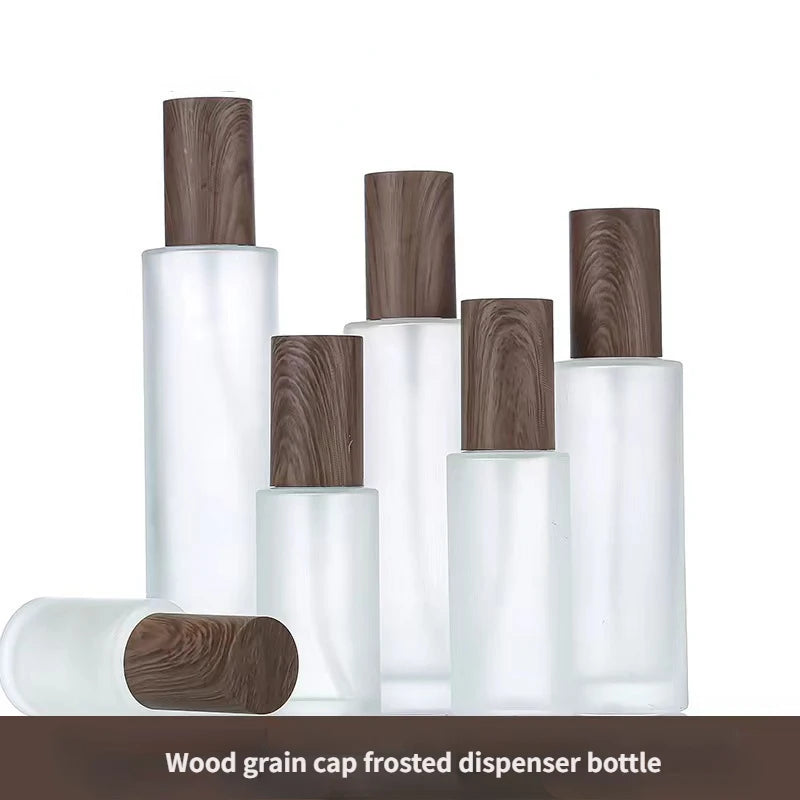 Frosted Glass Cosmetic Bottle with Wood Grain Lid | Travel Cosmetic Storage Jar QXL