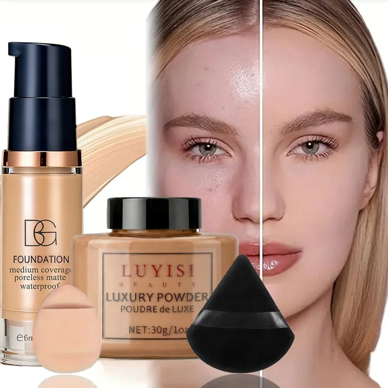 4-Pc Face Base Set: Foundation, Loose Powder & Puffs Foundation Makeup Set QXL