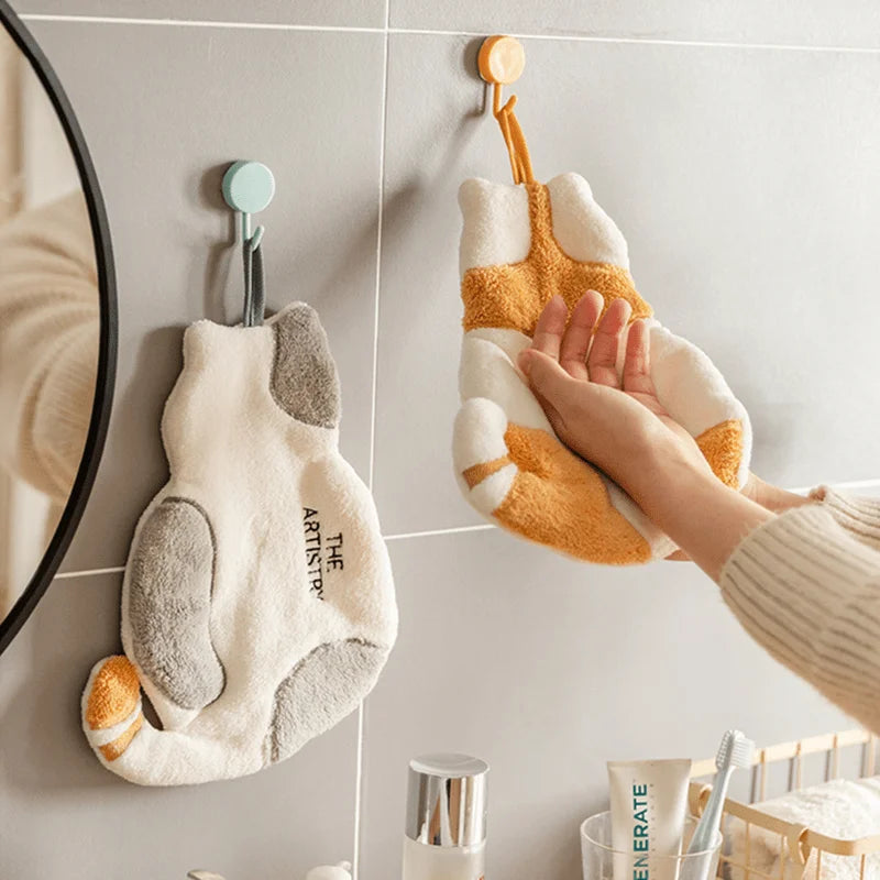 Cat Hanging Hand Towel | Soft Coral Velvet Kitchen & Bath Hanging Hand Towel QXL