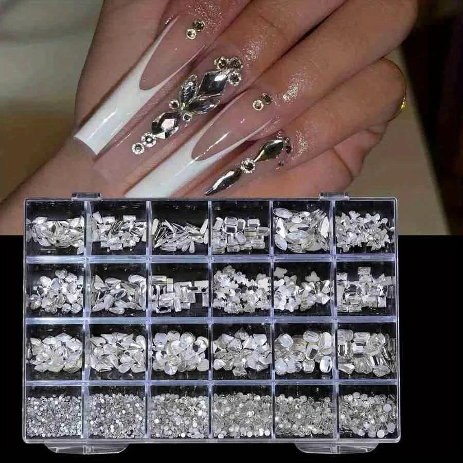 2460-Pc Nail Rhinestones Set | Pink Clear AB Crystal Gems 24 Grid Nail Art Rhinestones QXL