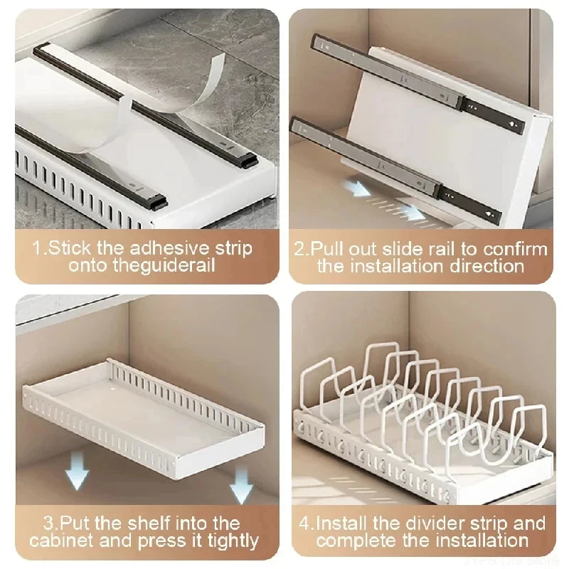 Under Cabinet Pull-Out Storage Tray | 8 Adjustable Dividers Cabinet Storage Rack QXL