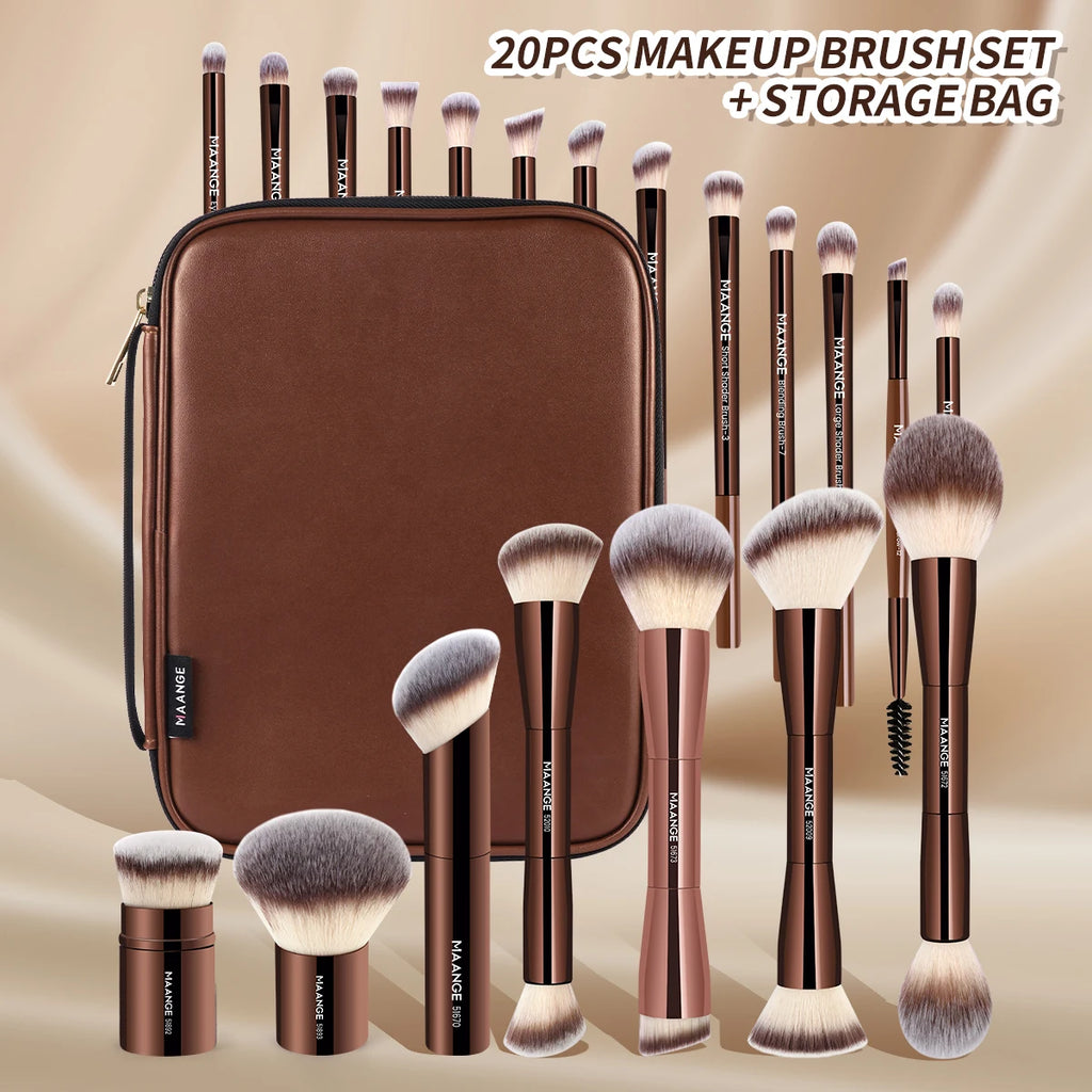 MAANGE Pro 20-Pc Makeup Brush Kit with Storage Bag Makeup Brush Set QXL Coffee Brown